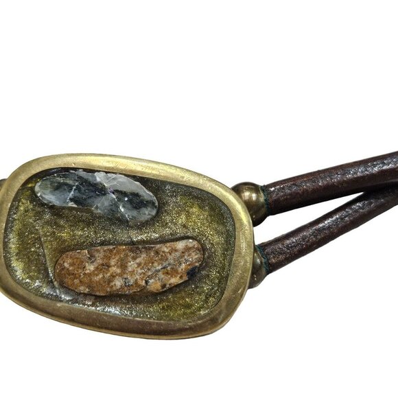 Brass Inlay Buckle Double-Layer Leather Belt Stone Accents Possibly Homemade - Picture 6 of 11